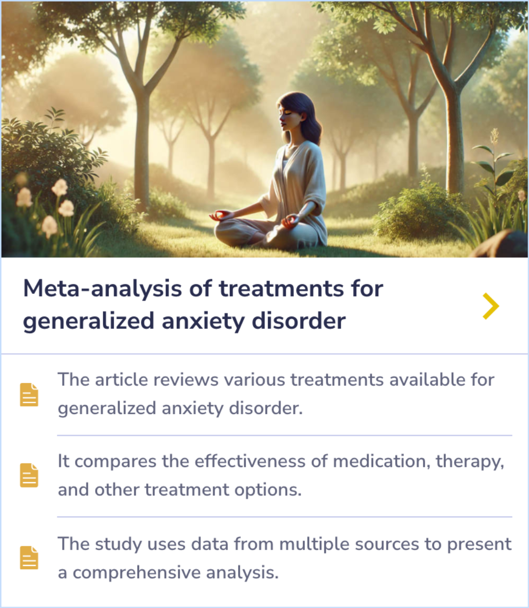 Summary Card comparing the effectiveness of treatments for generalized anxiety disorder, focusing on symptom reduction strategies.