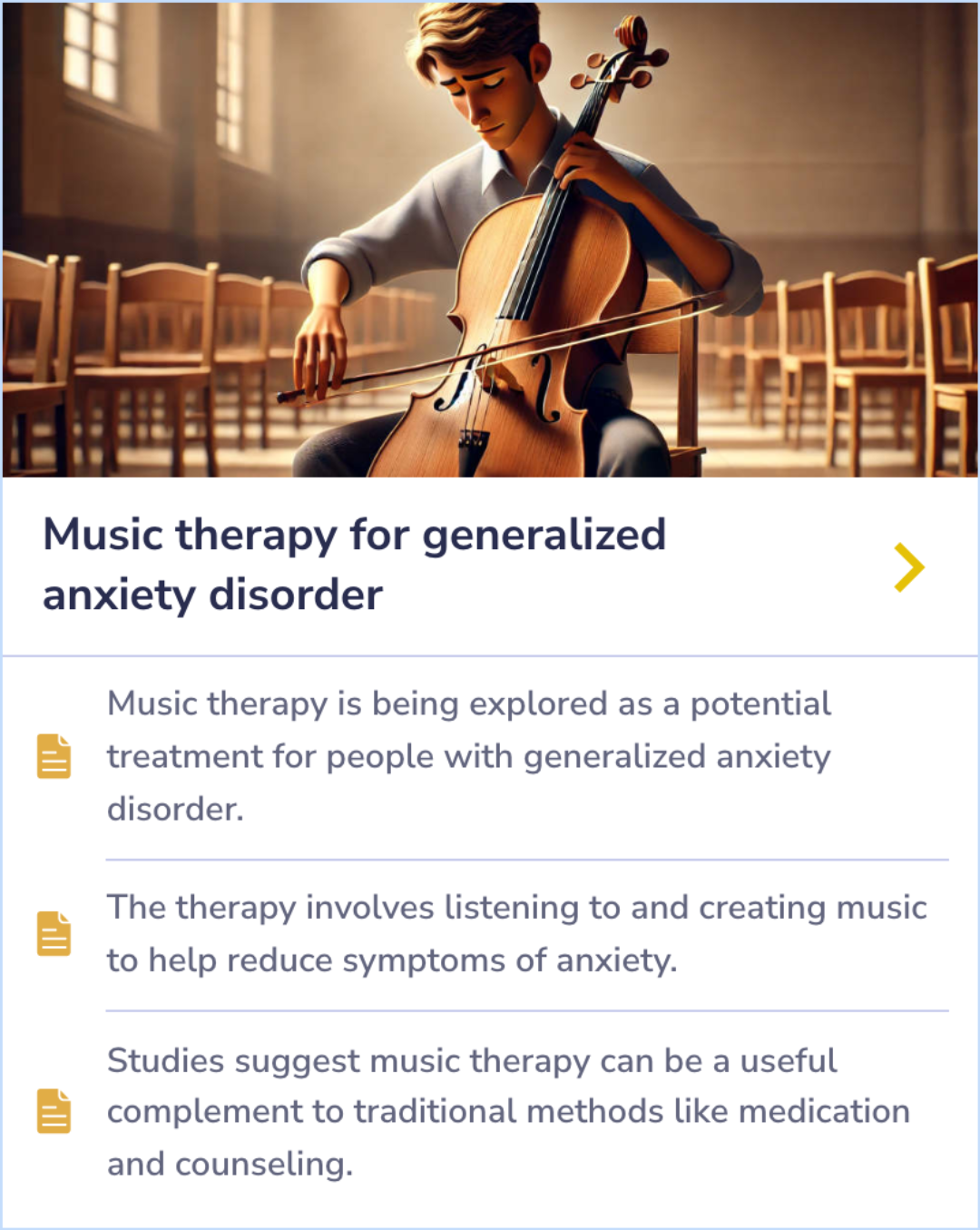 Summary Card exploring music therapy as a complementary treatment for generalized anxiety disorder, focusing on its calming effects and role alongside traditional methods.