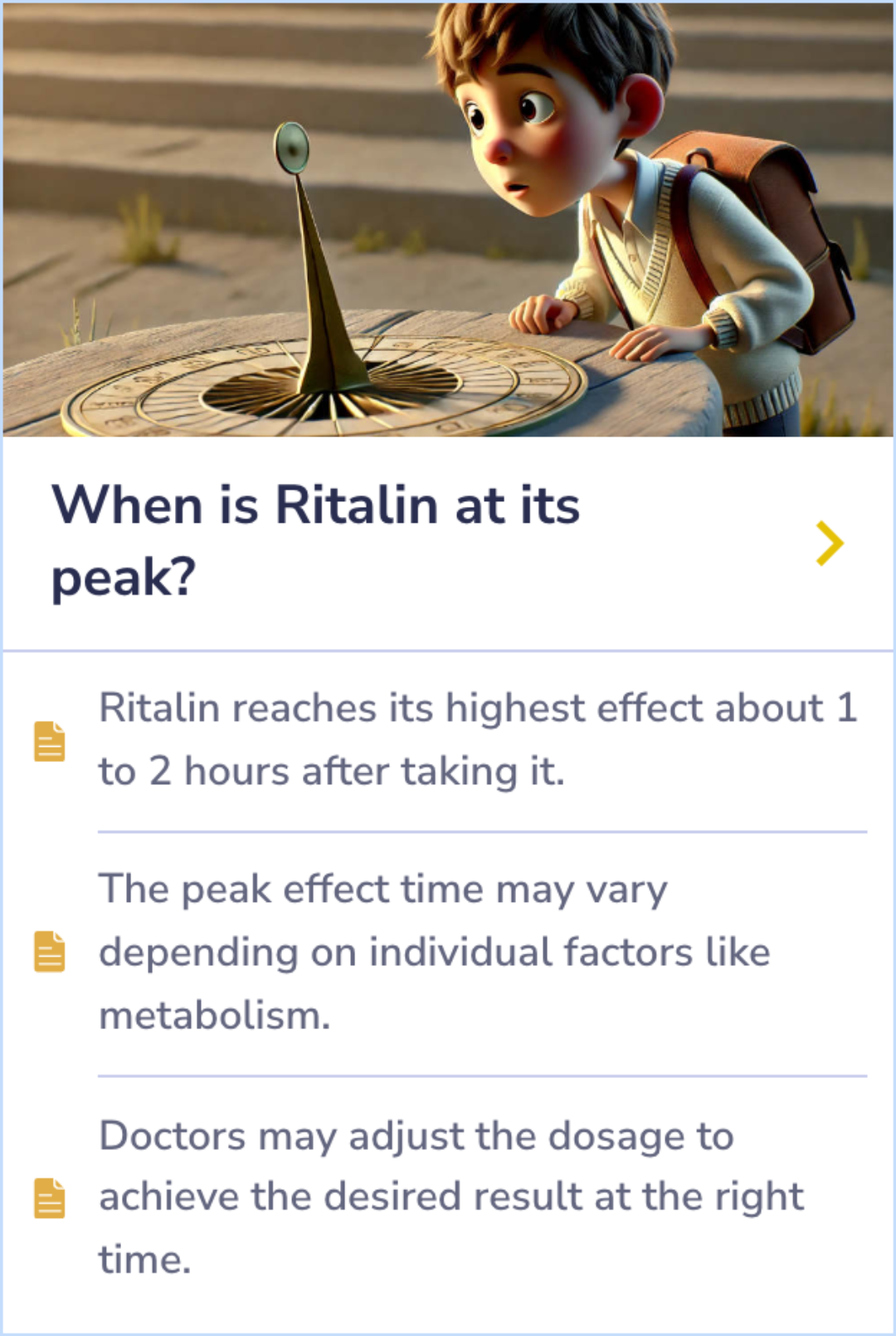 Summary Card on how timing impacts Ritalin's peak effect and dose adjustments for effectiveness.