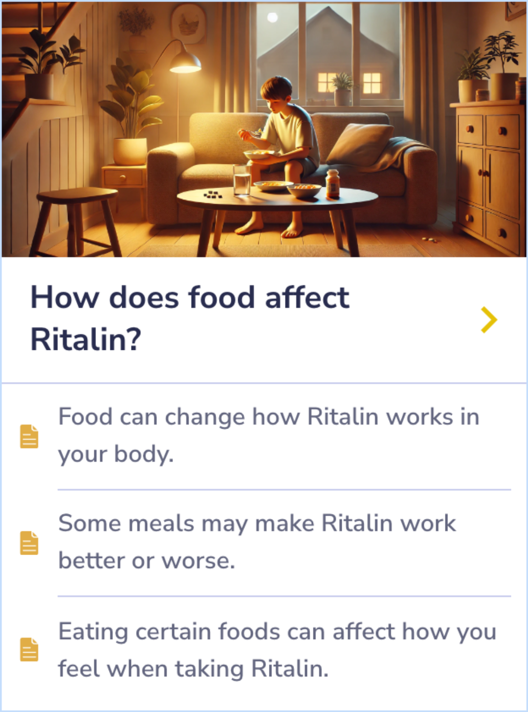 Summary Card explaining how different meals can change Ritalin's effectiveness and influence how users feel when taking the medication.