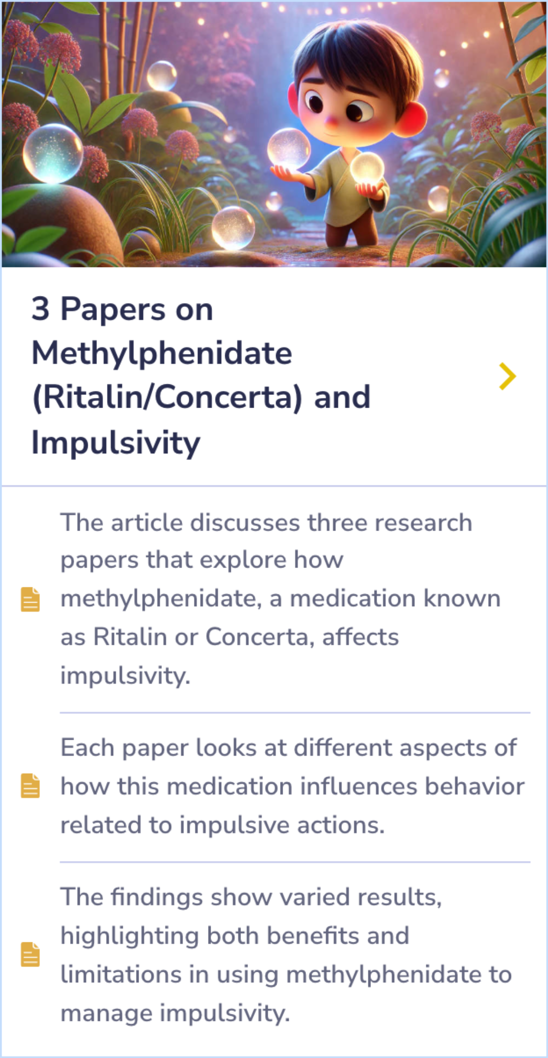 A summary card exploring three studies on methylphenidate's effects on impulsivity, showcasing findings on behavior and decision-making.