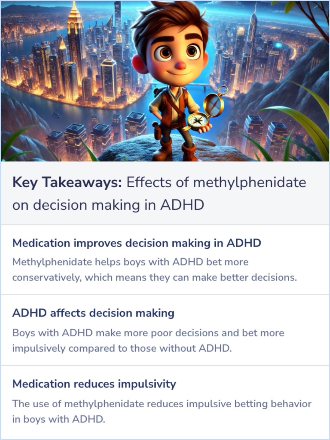 Key Takeaways for The effects of methylphenidate on decision making in attention-deficit/hyperactivity disorder