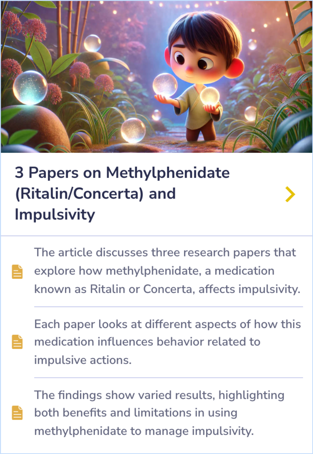 A summary card exploring three studies on methylphenidate's effects on impulsivity, showcasing findings on behavior and decision-making.