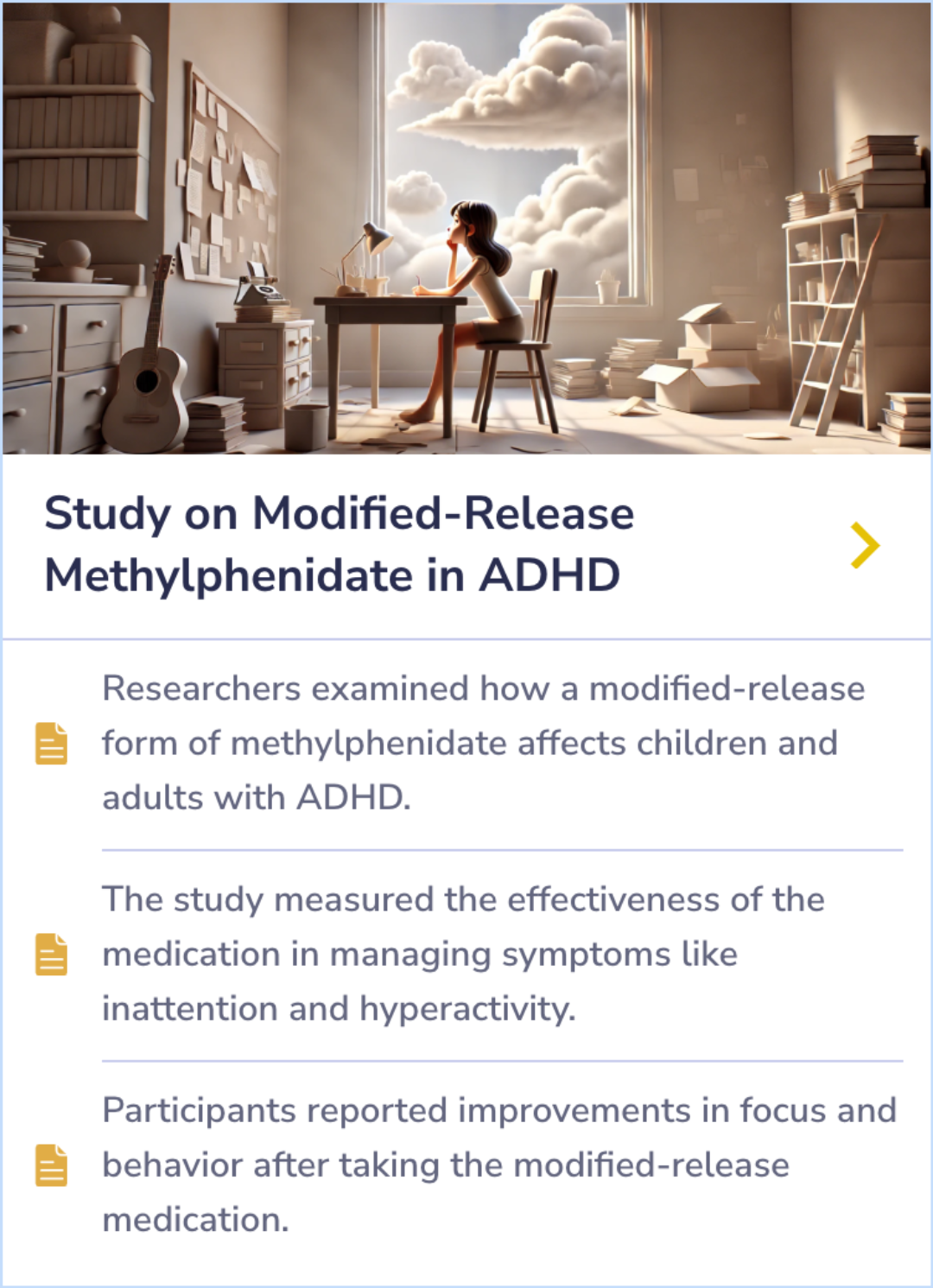 Summary Card explains how Ritalin boosts cognitive functions by increasing dopamine in the brain's prefrontal cortex. It details how this supports memory and attention in individuals, both with and without ADHD, highlighting the broader applications of the drug.