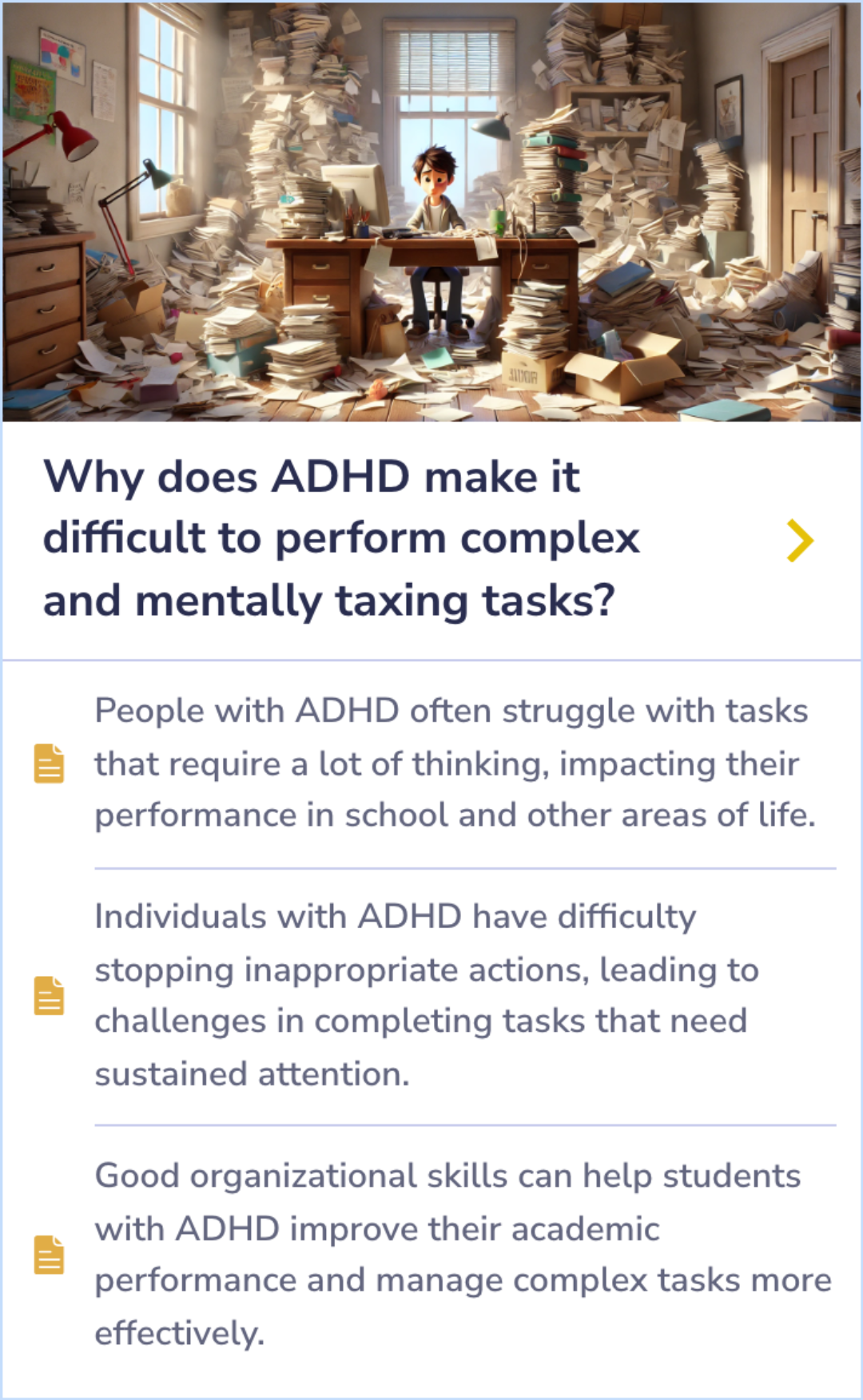 Summary Card: Discusses how individuals with ADHD struggle with complex tasks and the importance of organizational strategies and structured support in enhancing their performance.
