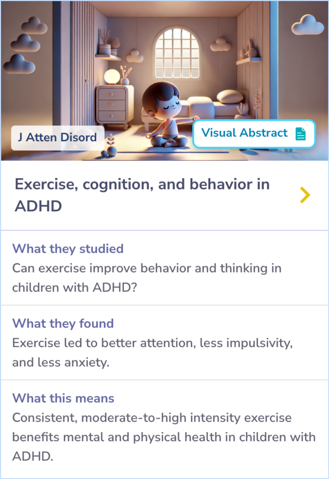 Summary Card showing the beneficial effects of a 10-week exercise program on behavior and cognitive function in children with ADHD, highlighting improved attention, reduced impulsivity, and less anxiety.
