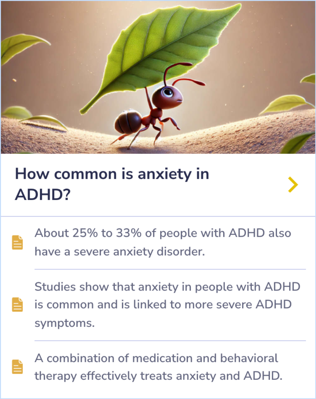 Summary Card discussing the prevalence of severe anxiety disorders in individuals with ADHD and the effectiveness of combined medication and therapy in treating both conditions.