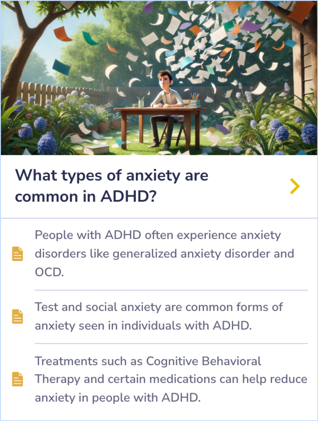 Summary Card explaining the prevalence of anxiety in ADHD and treatment options, including therapy and medications like Strattera.