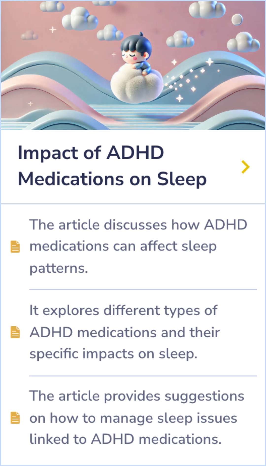 Summary card on the varied effects of ADHD medications on sleep patterns and quality.
