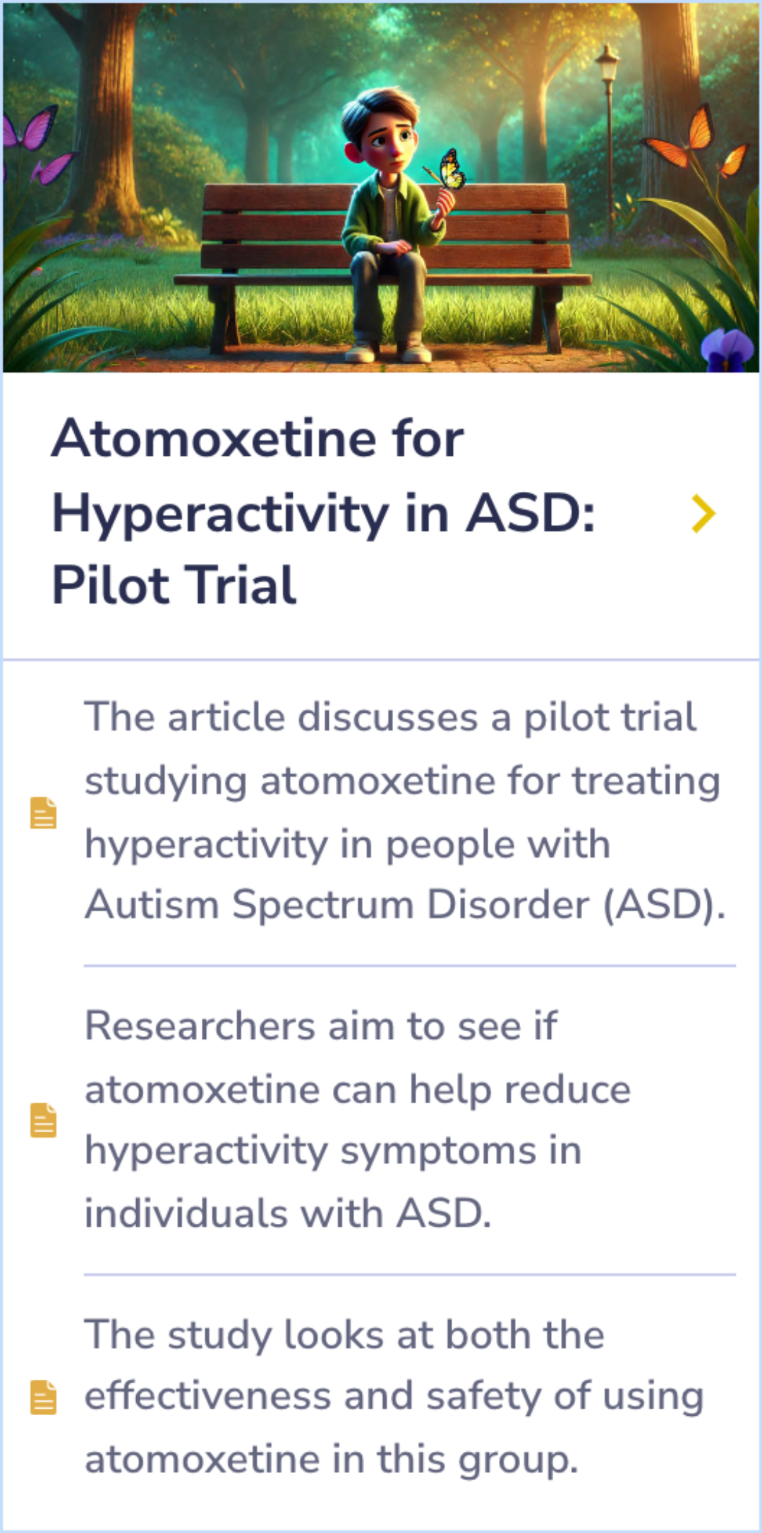 Summary Card exploring a pilot study on atomoxetine’s potential to reduce hyperactivity in individuals with Autism Spectrum Disorder.