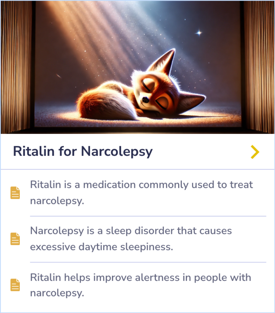 Summary Card highlighting the diverse applications of methylphenidate, including its use as a cognitive enhancer among students, and therapeutic applications in conditions like narcolepsy, cancer, HIV, and traumatic brain injury.