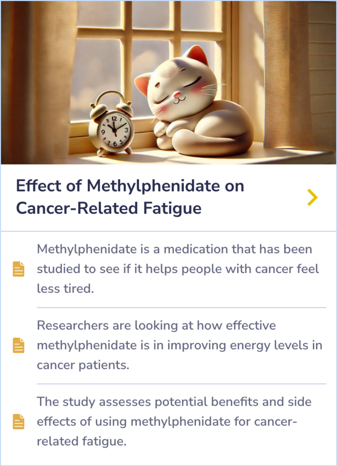 Summary card on methylphenidate’s potential to reduce cancer-related fatigue, highlighting its effectiveness and side effects.