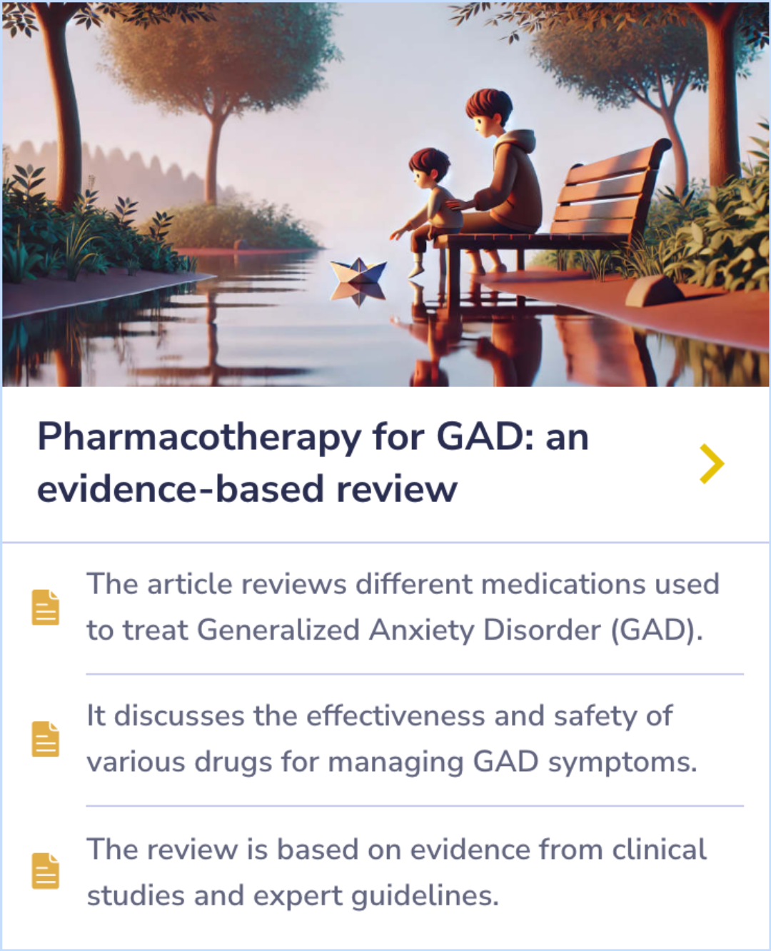 Summary card comparing the effectiveness and safety of various medications for Generalized Anxiety Disorder, based on clinical studies and expert guidelines.