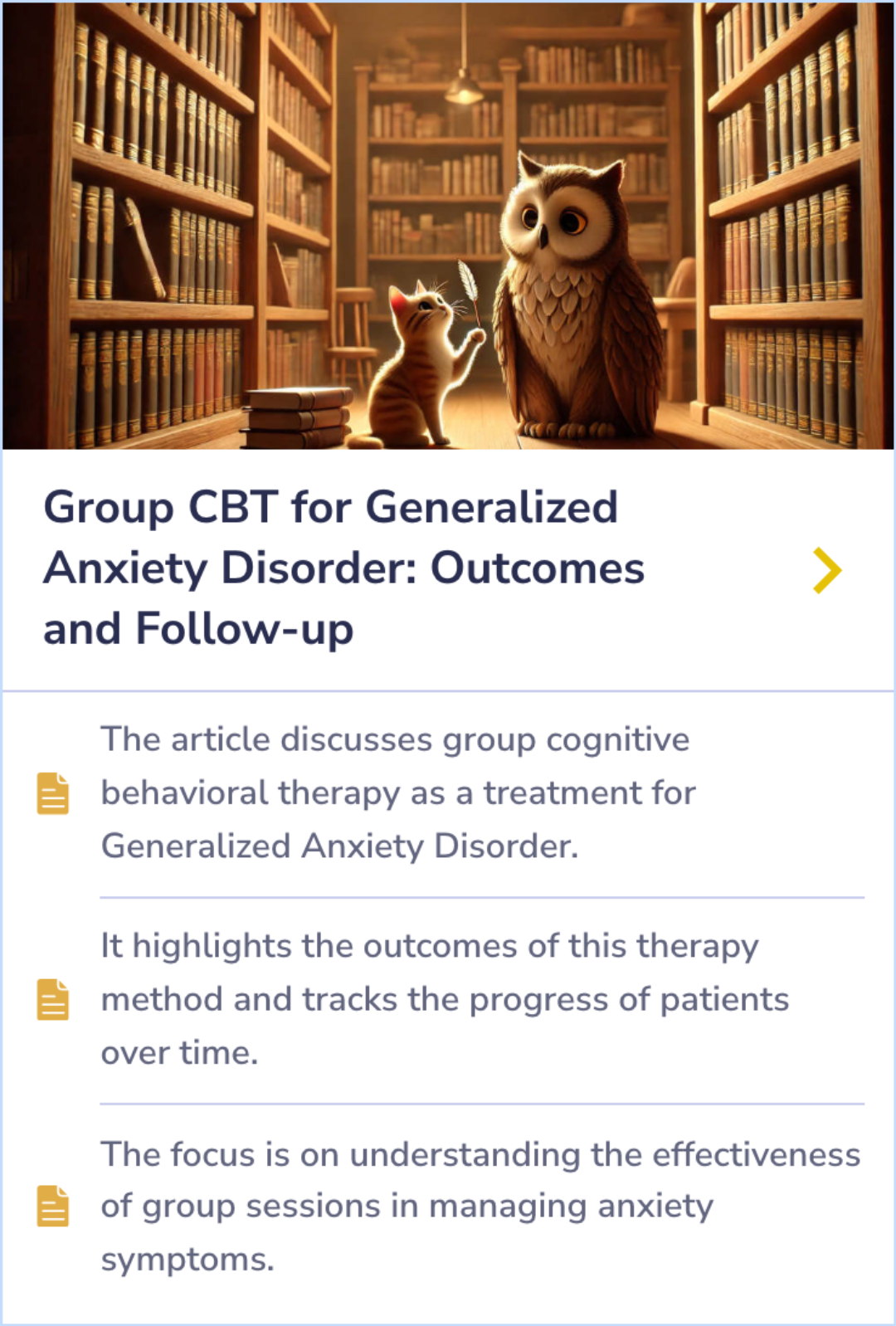 Summary Card explaining the effectiveness of group cognitive behavioral therapy for Generalized Anxiety Disorder and tracking patient progress over time.