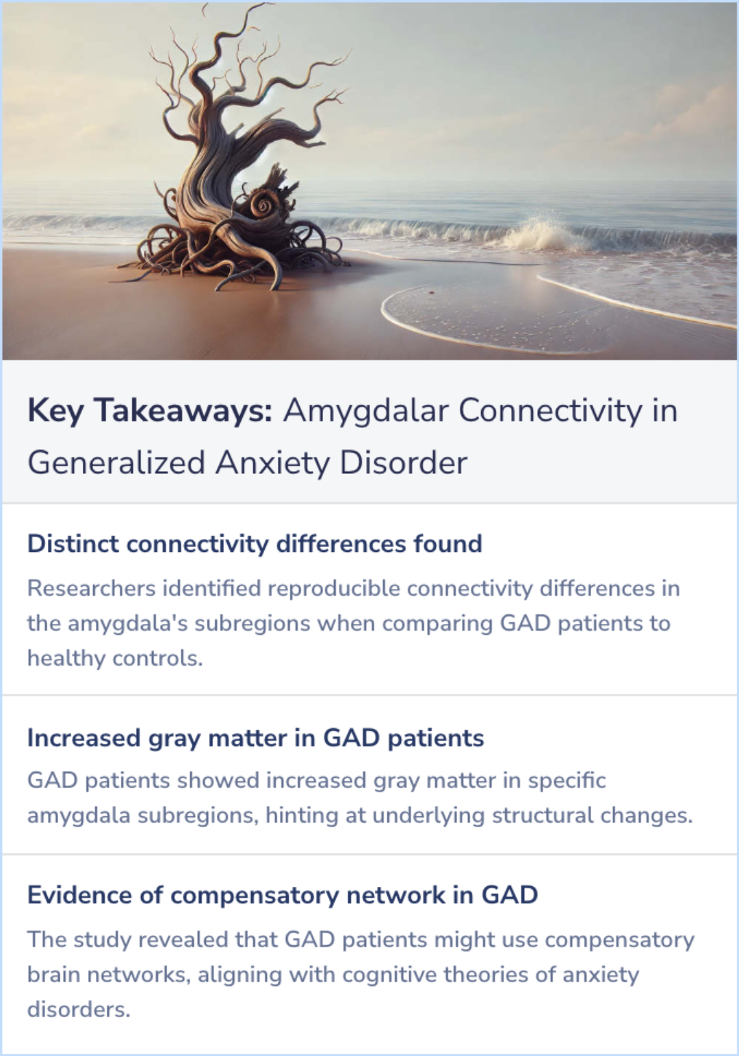 Key Takeaways for Disrupted amygdalar subregion functional connectivity and evidence of a compensatory network in generalized anxiety disorder