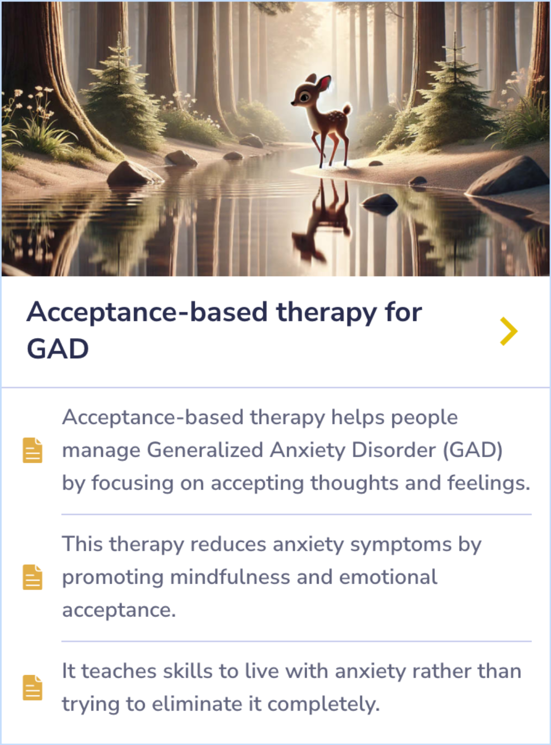 Summary Card explaining how acceptance-based therapy helps manage Generalized Anxiety Disorder through mindfulness and emotional acceptance. It teaches individuals to coexist with anxiety instead of trying to eliminate it.