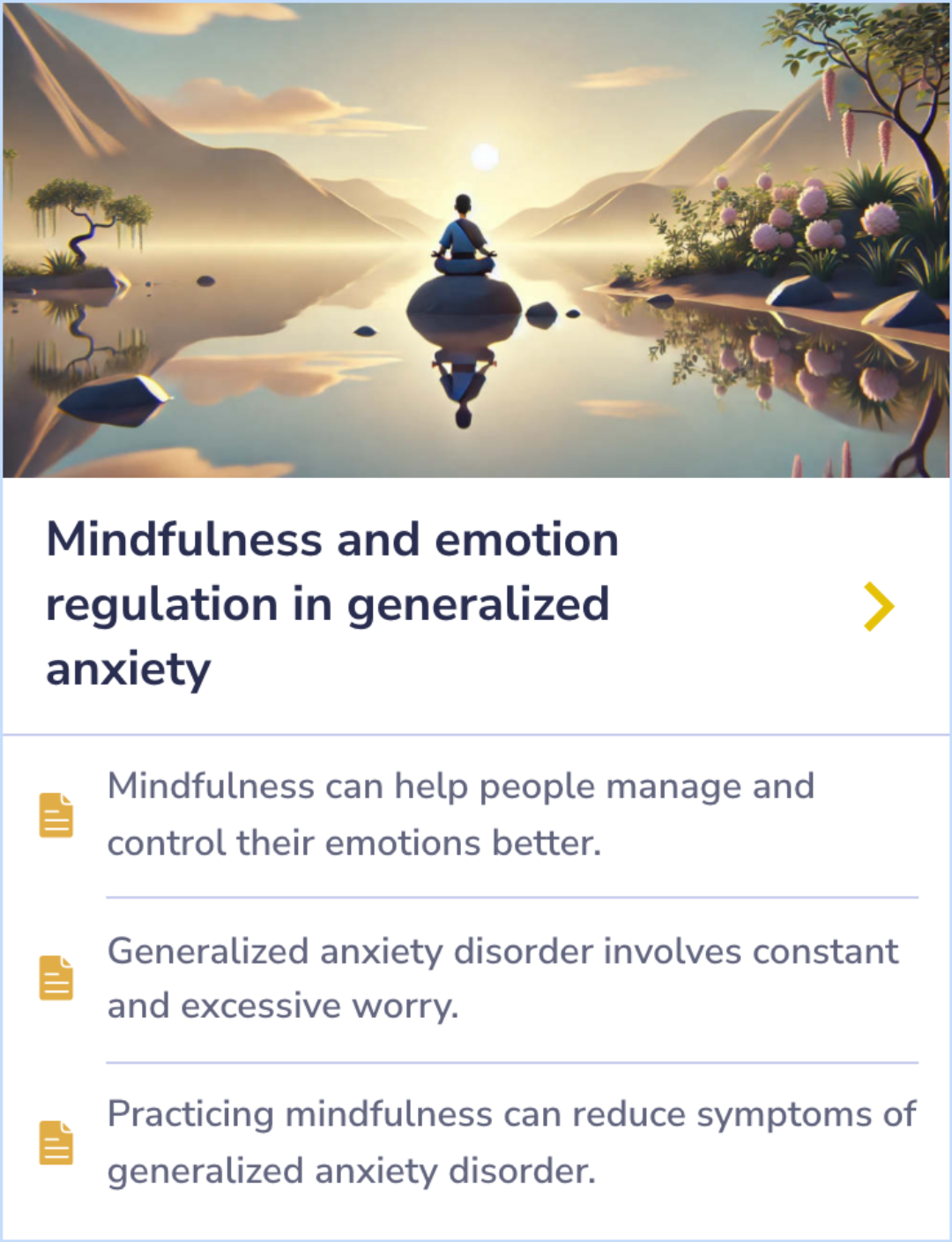 A Summary Card explaining the benefits of mindfulness for managing emotions and reducing worry in generalized anxiety disorder. The card emphasizes how mindfulness techniques can help regulate emotions and ease symptoms of anxiety.