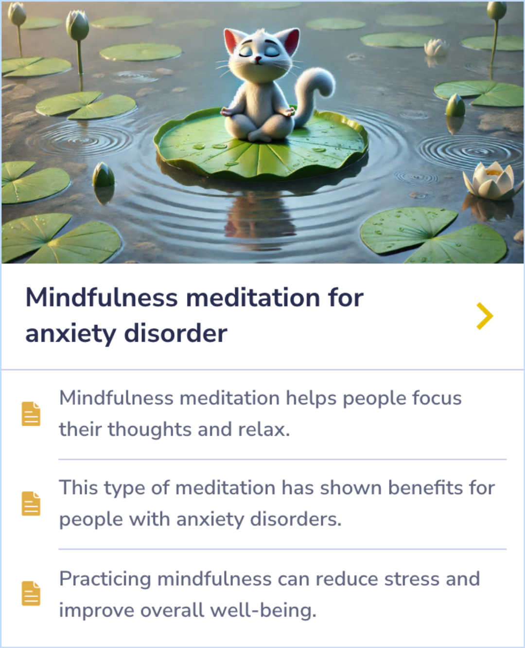 A summary card describing how mindfulness meditation can help individuals reduce stress and focus, with specific benefits for anxiety disorders.