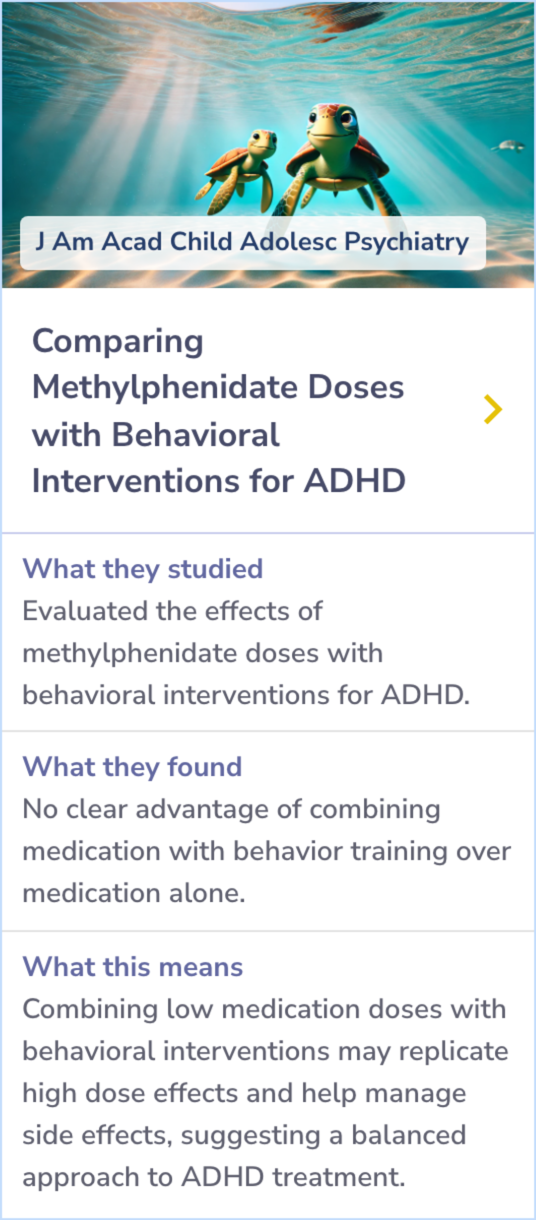 Summary card discussing how lower doses of methylphenidate combined with behavioral strategies might replicate the effects of higher doses while reducing side effects.