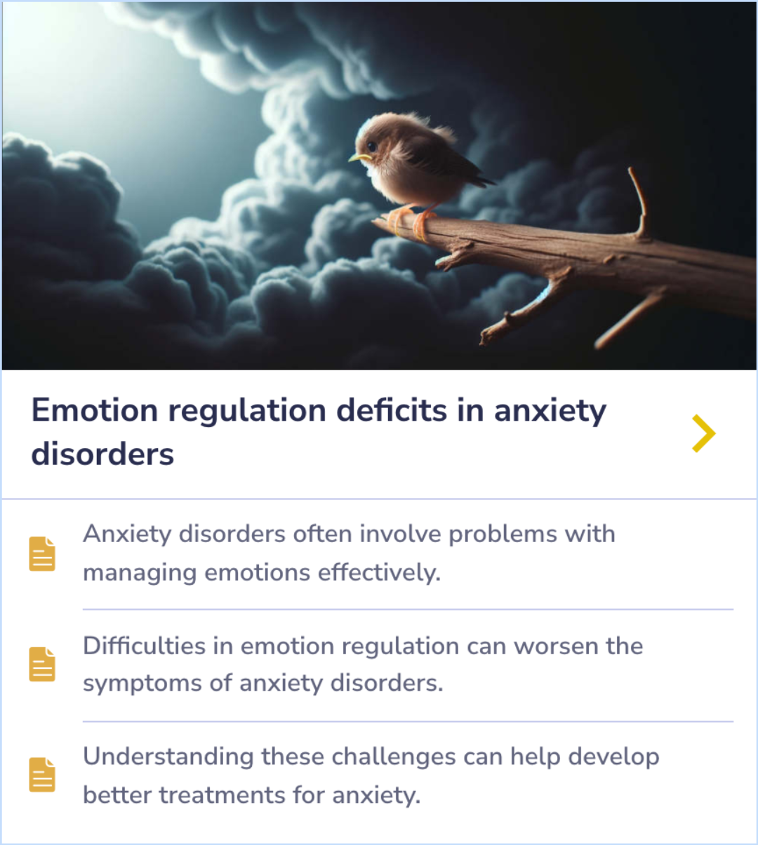 Summary Card explaining how emotional difficulties can worsen anxiety symptoms and contribute to treatment approaches.