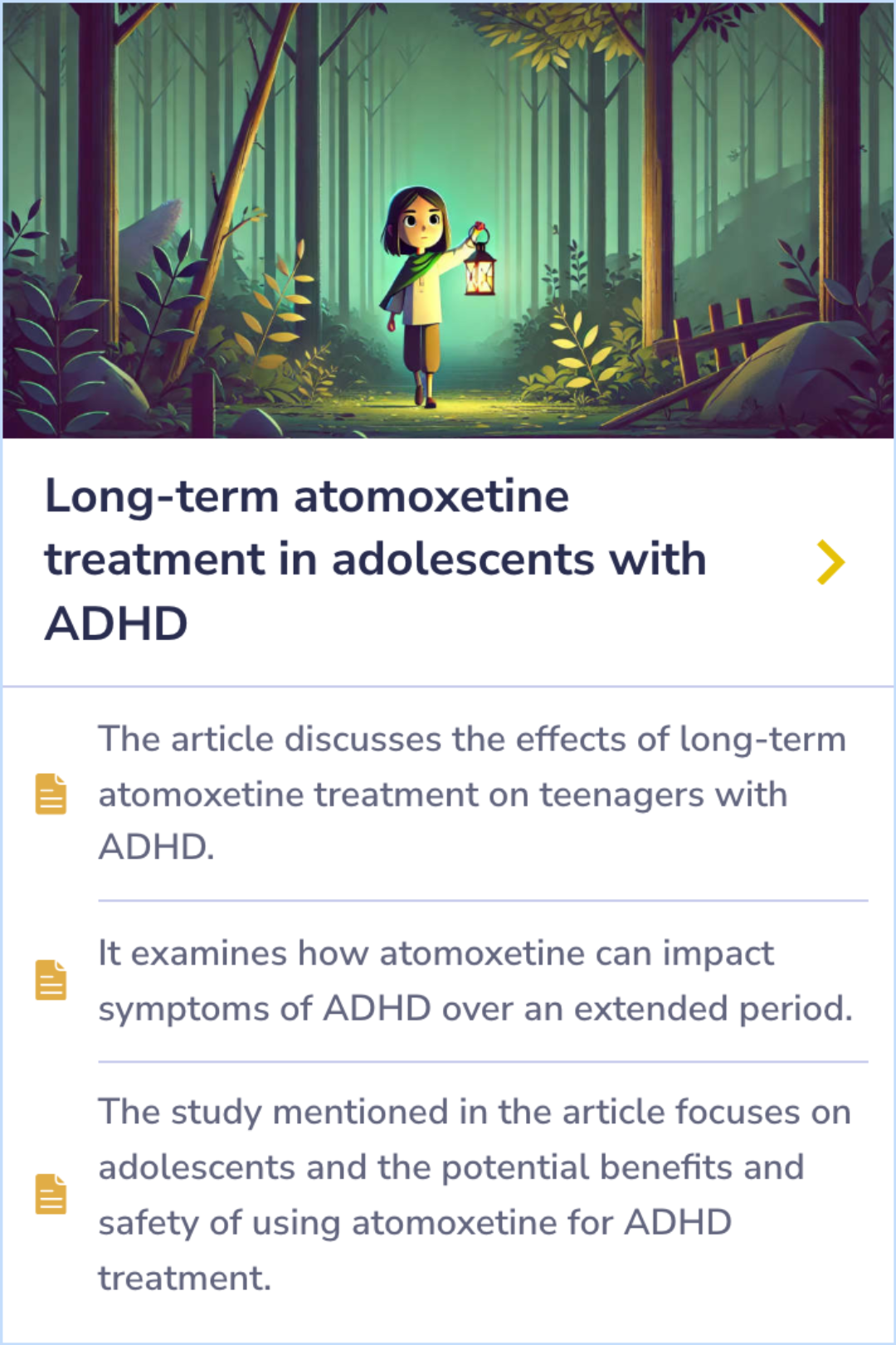 Summary card discussing long-term effects of atomoxetine on ADHD symptoms in adolescents, focusing on symptom management and safety during extended treatment.