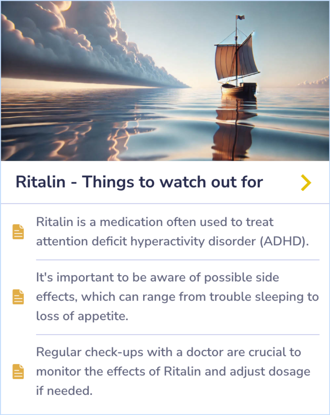 Summary Card on monitoring Ritalin treatment for ADHD, highlighting the need for tracking side effects and dosage adjustments.