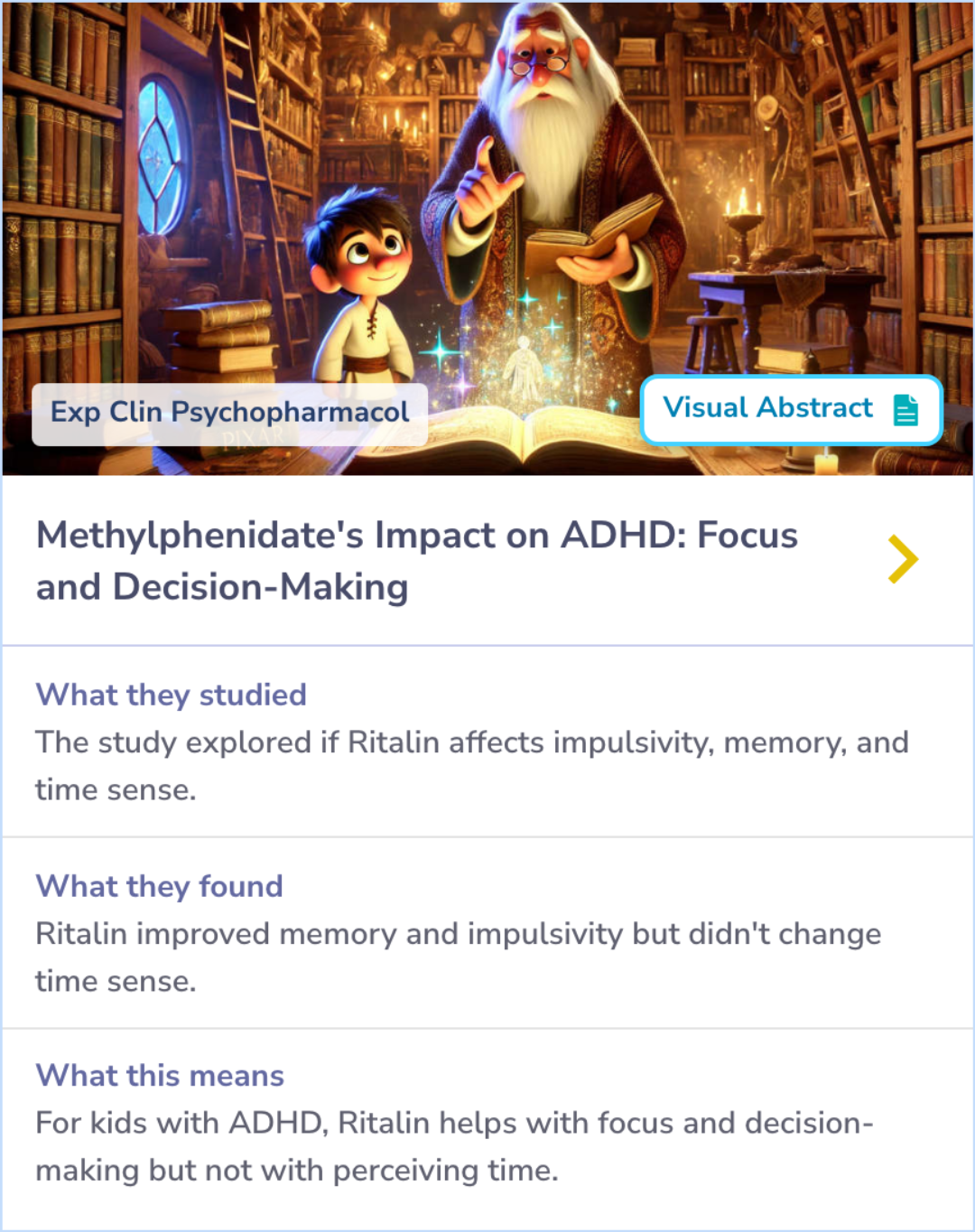 Summary card detailing the effects of OROS-MPH on choice impulsivity and working memory in children with ADHD, showing improvements in both but no impact on time perception.