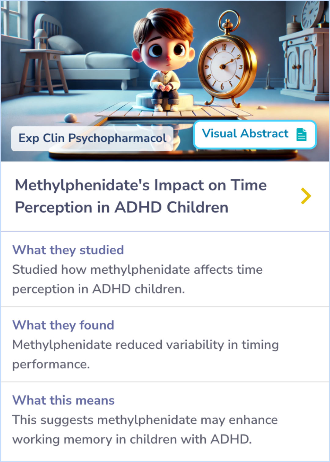 Summary card showing the effects of methylphenidate on timing performance in children with ADHD. Highlights include reduced timing variability, more consistent lever holds of 10-11 seconds, and fewer extremely short holds.