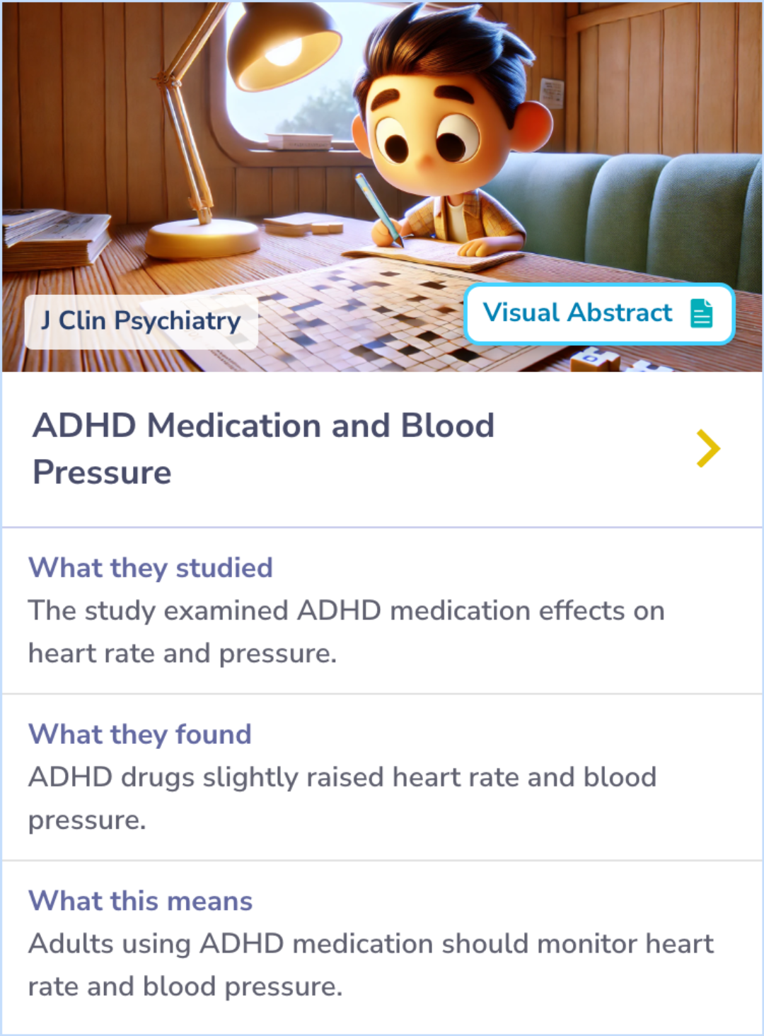 Summary Card discussing the impact of ADHD medications on cardiovascular health, revealing minor but significant changes in heart rate and blood pressure.