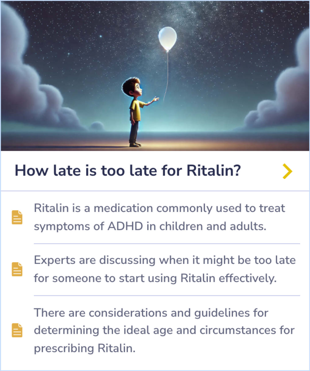 Summary Card discussing optimal age and timing considerations for starting Ritalin treatment for ADHD, including safety and effectiveness factors.