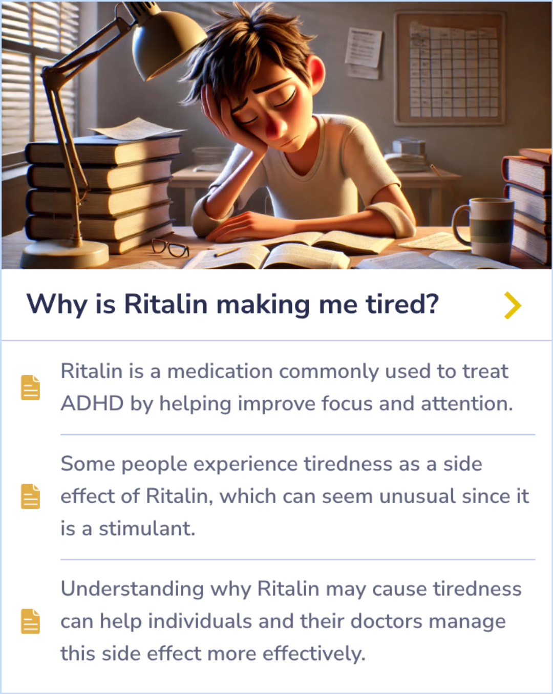 Summary Card on Ritalin's unexpected tiredness as a side effect in ADHD treatment, detailing its stimulant role and potential fatigue in users.