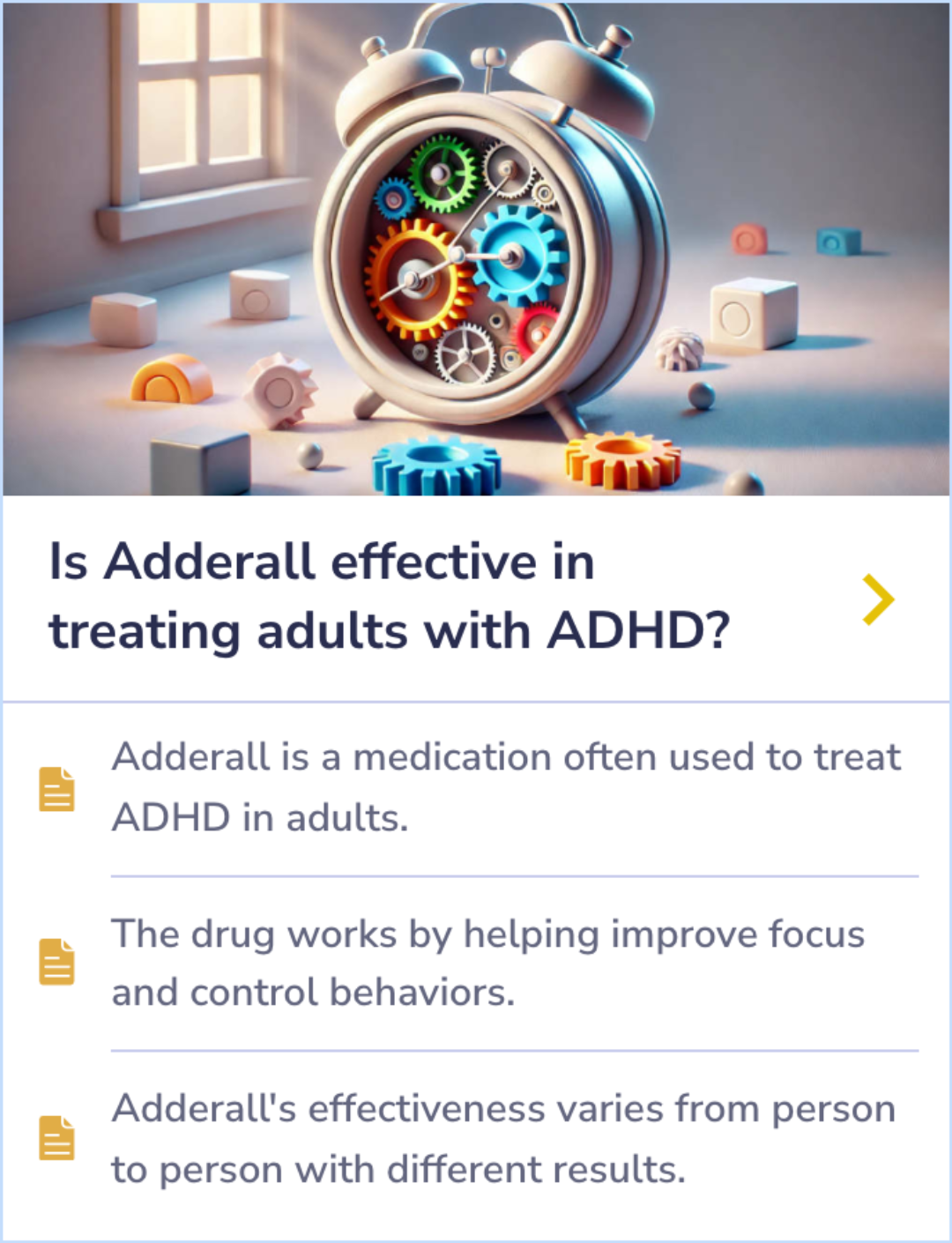 Summary Card detailing the relationship between Adderall use and mood swings, emphasizing medication adjustments and monitoring.