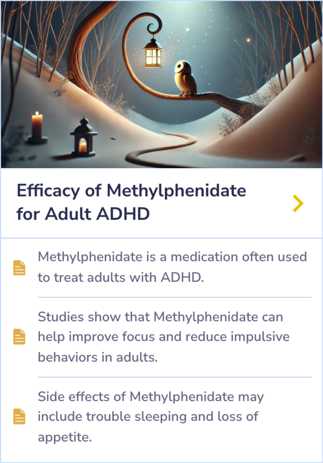 Summary Card discussing the variable long-term effectiveness of Methylphenidate in treating ADHD in adults.