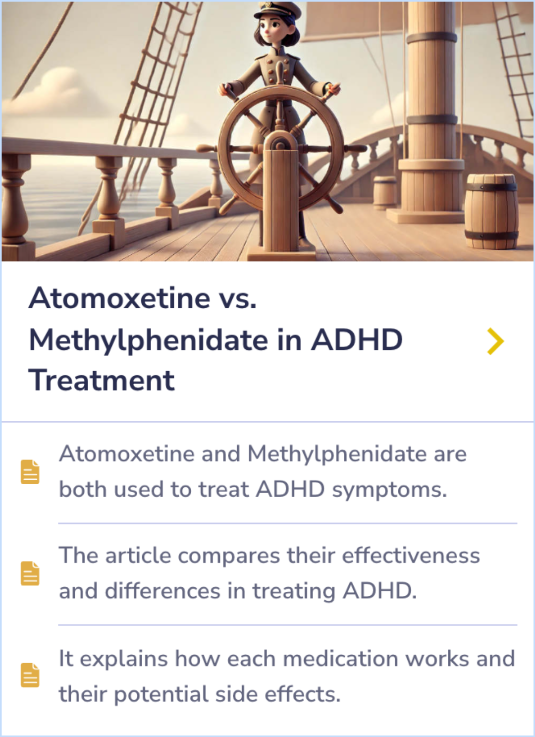 A summary card comparing Atomoxetine and Methylphenidate for ADHD treatment, highlighting differences in their action, benefits, and side effects.
