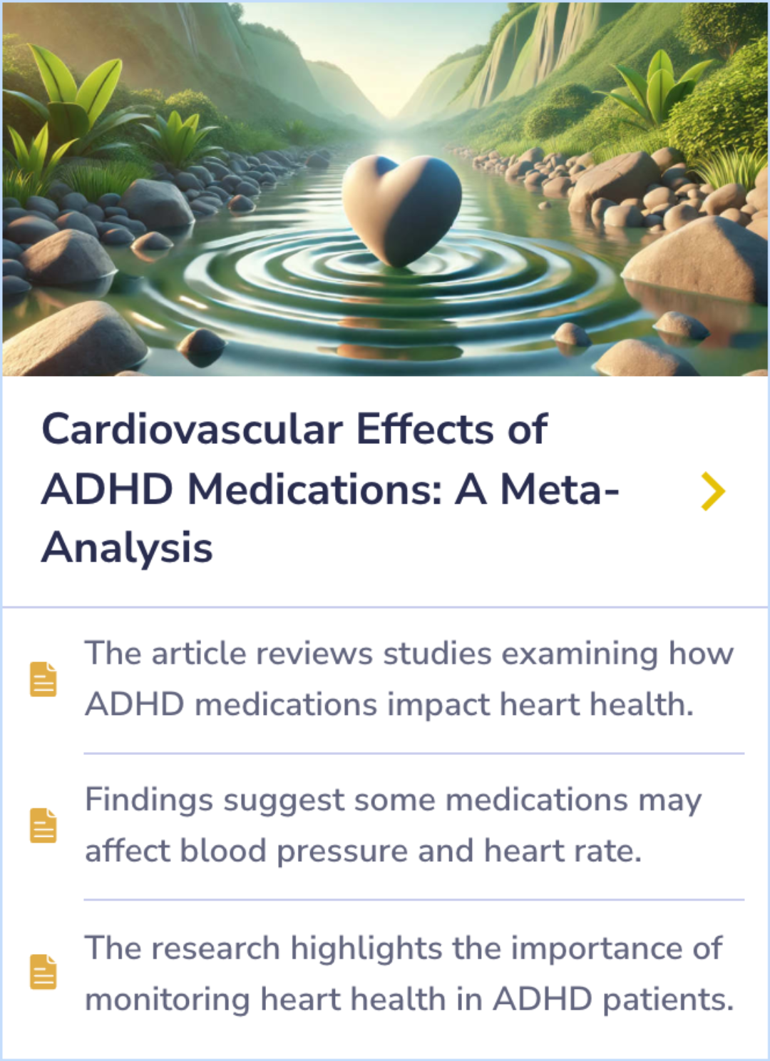 Summary Card on the impact of ADHD medications on heart health, focusing on blood pressure and heart rate changes and the need for cardiovascular monitoring.