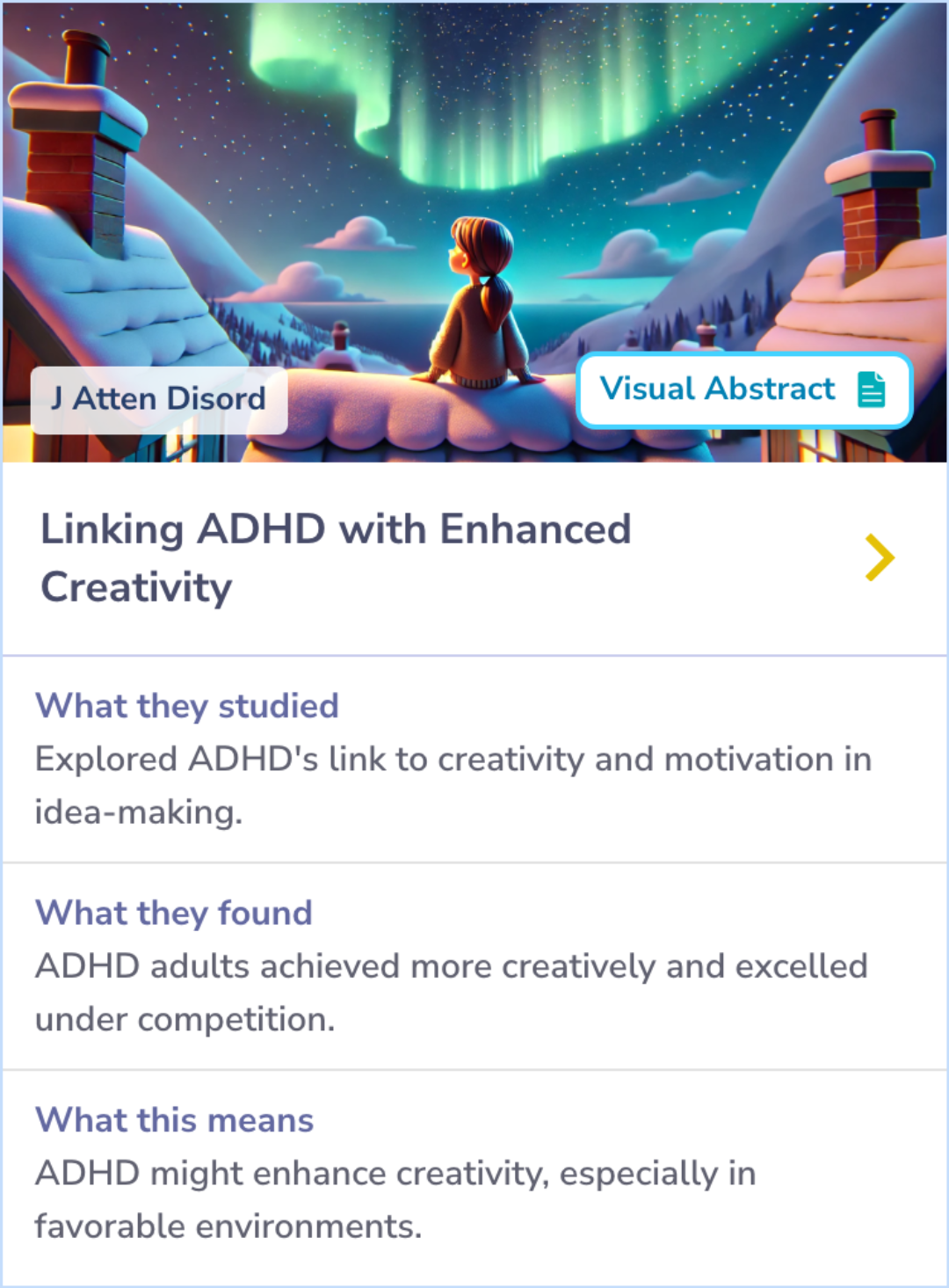 Summary Card highlighting the creative achievements of adults with ADHD, emphasizing more originality during competitive tasks and enhanced real-world creative outcomes.