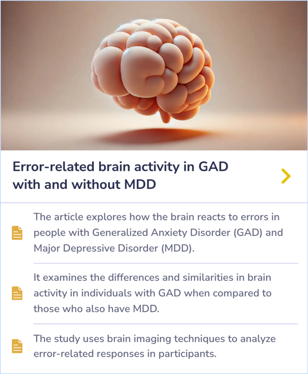 A Summary Card highlighting the neural differences in how individuals with GAD and MDD process errors, based on brain imaging comparisons.