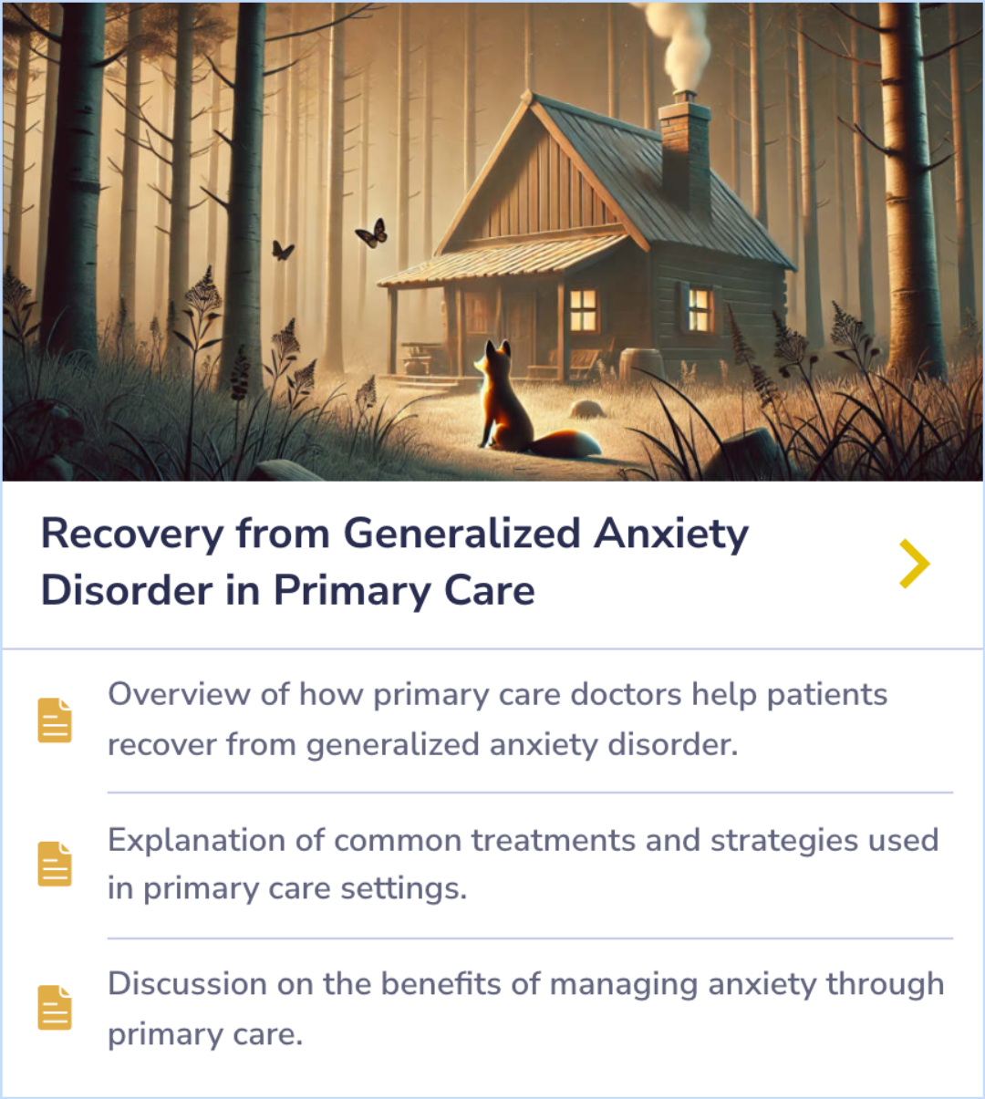 A summary card explaining how primary care doctors assist in treating generalized anxiety disorder using common strategies and treatments, emphasizing the benefits of anxiety management in a primary care setting.