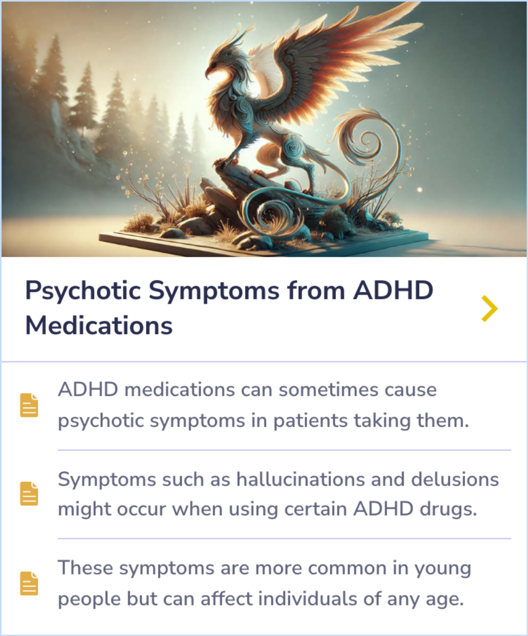 Summary Card on psychotic symptoms linked to ADHD medication use, highlighting potential hallucinations or delusions, particularly among younger users.