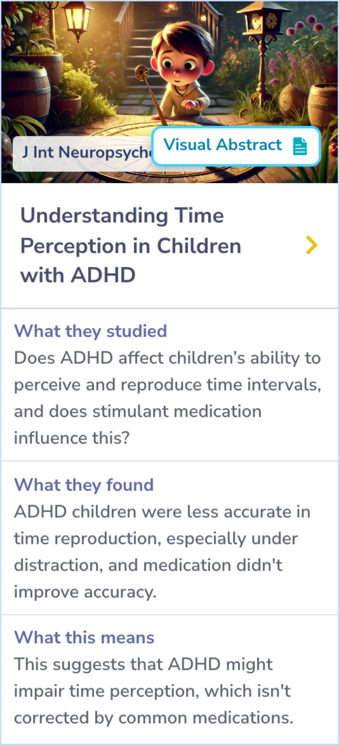 Summary Card showing that children with ADHD are less accurate in reproducing time intervals and that stimulant medication does not improve this accuracy.