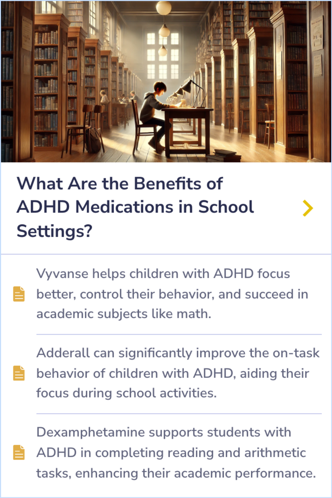 Summary Card highlighting that medications like Vyvanse, Adderall, and Dexamphetamine improve focus, on-task behavior, and task completion in students with ADHD, leading to enhanced academic performance and classroom success.