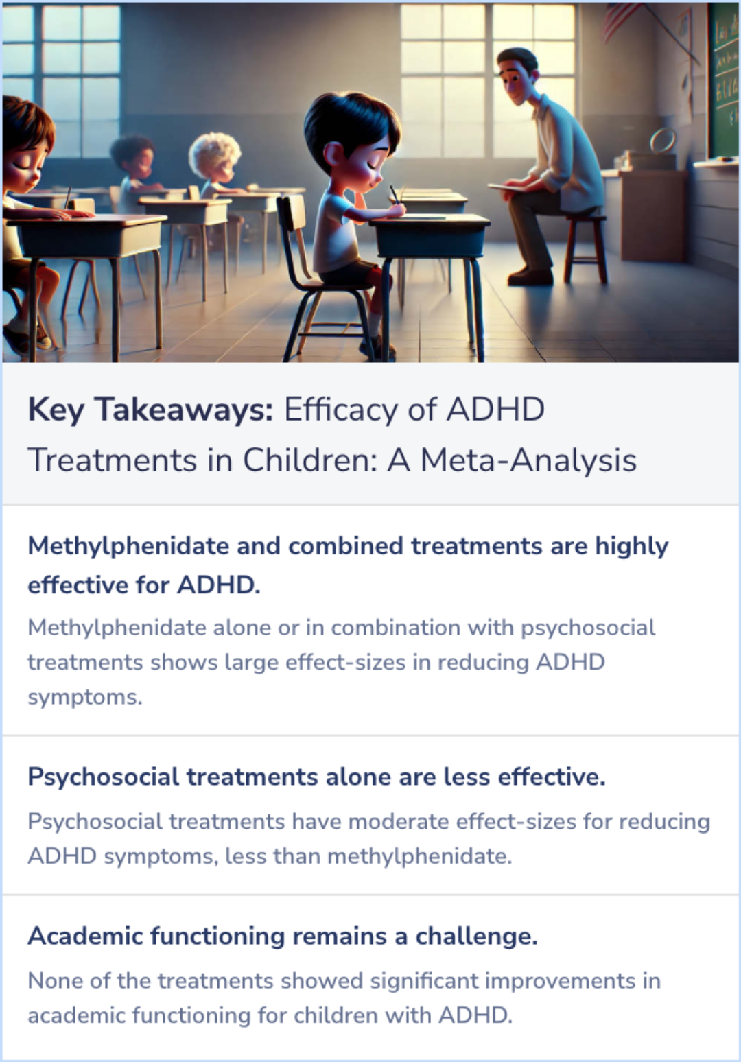 Key Takeaways for Efficacy of methylphenidate, psychosocial treatments and their combination in school-aged children with ADHD: a meta-analysis