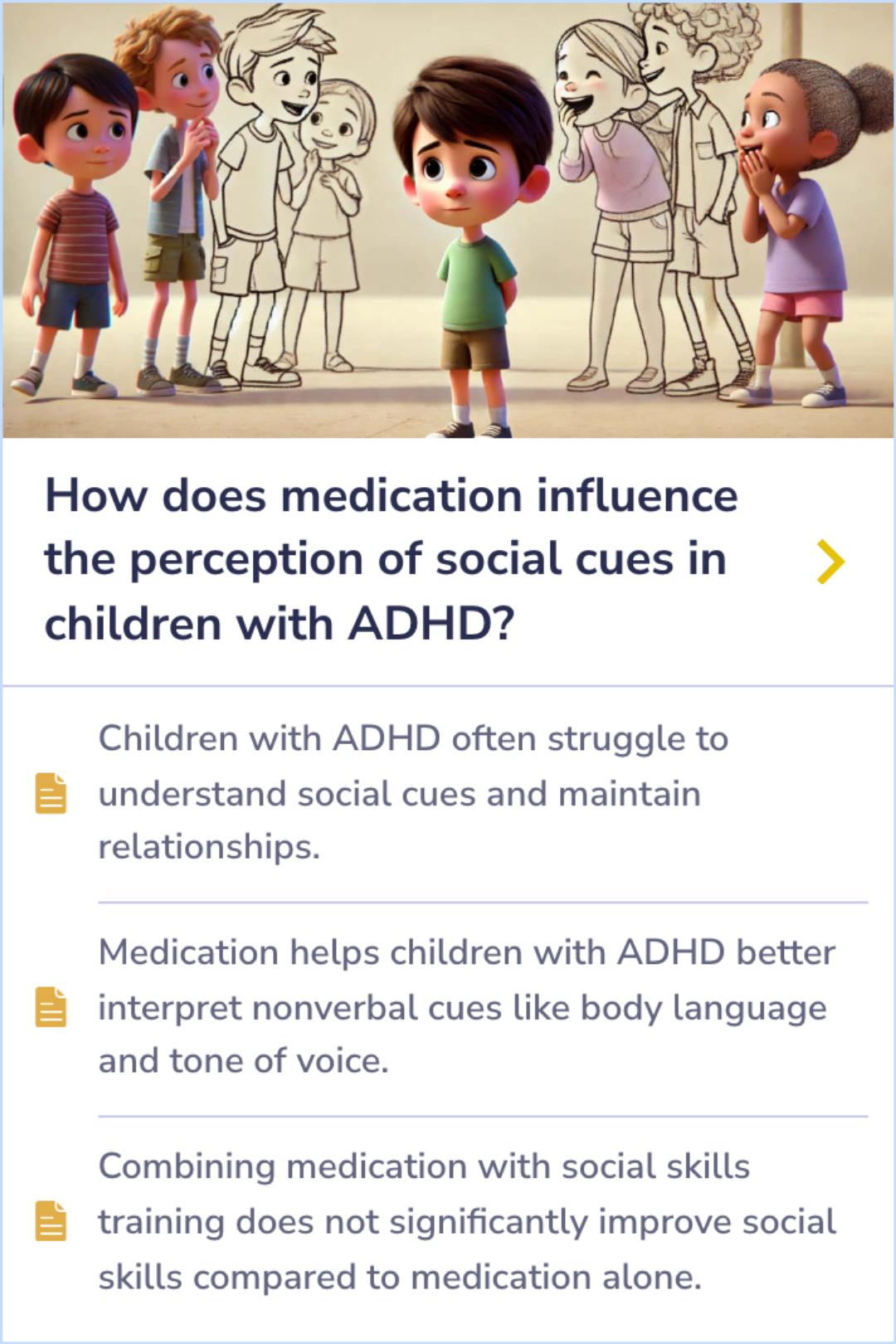 Summary Card illustrating how medication helps children with ADHD understand social cues, but adding social skills training offers limited additional benefits for improving social skills.