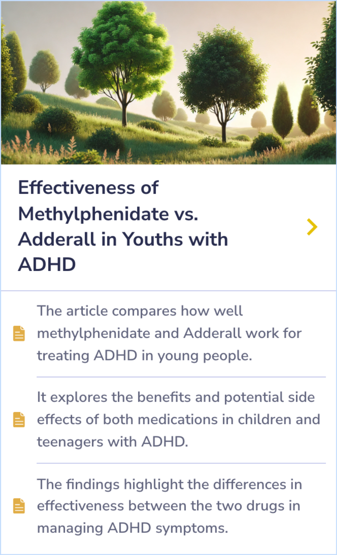 Summary Card on Adderall's effects, emphasizing its role in improving focus, reducing impulsivity but potentially causing side effects like irritability and aggression.