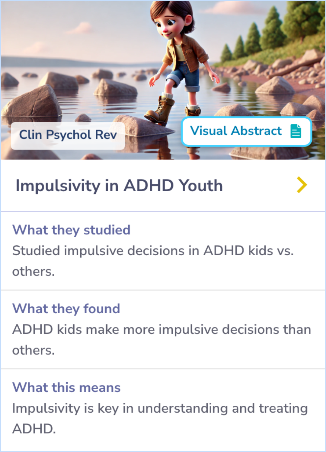 Summary Card examining impulsivity differences among children with ADHD, focusing on choice impulsivity via decision-making tasks and its varied patterns across gender and diagnostic approaches.