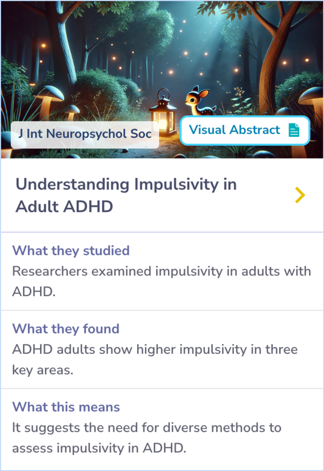 Summary Card on impulsivity in adults with ADHD, highlighting a study comparing ADHD individuals with controls using cognitive tasks.