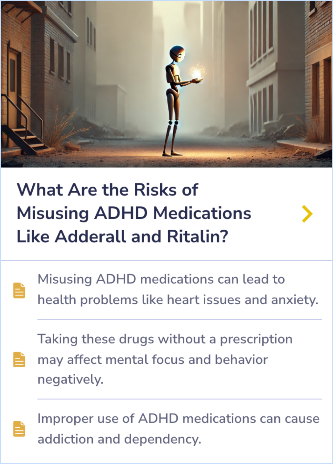 Summary Card highlighting considerations for using Adderall to treat ADHD in individuals with comorbid conditions like bipolar disorder or substance use disorder.