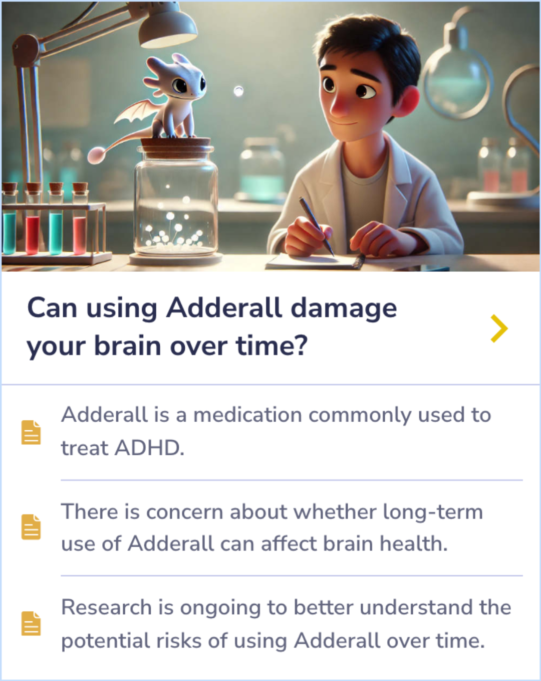 Summary Card exploring potential risks of long-term Adderall use for brain health.
