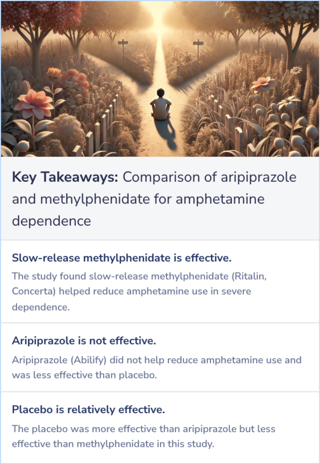 Key Takeaways for A comparison of aripiprazole, methylphenidate, and placebo for amphetamine dependence