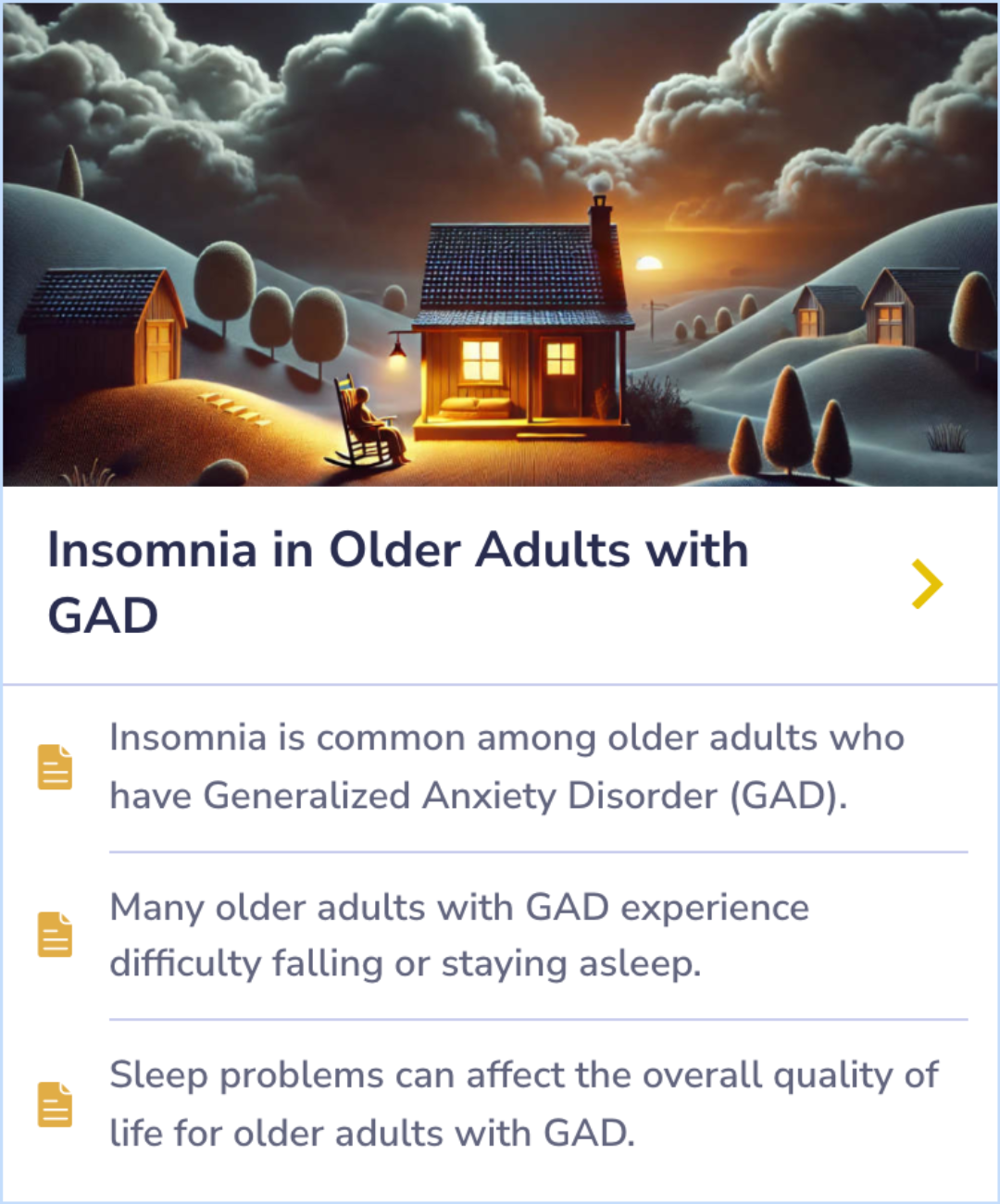 Summary Card explaining how insomnia affects older adults with GAD, highlighting difficulties in falling or staying asleep and its impact on quality of life.